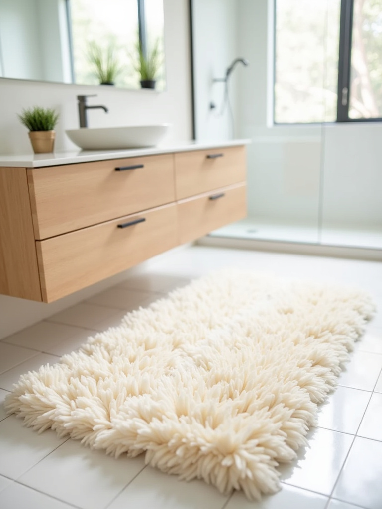 Cream colored textured bathroom rug in front of a light wood vanity, adding warmth and style to a modern bathroom.