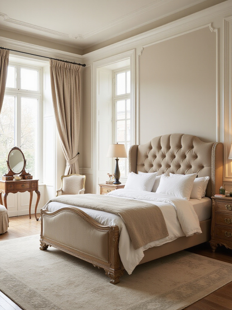 Timeless beige bedroom with tufted headboard, carved wood dresser, and classic decor.