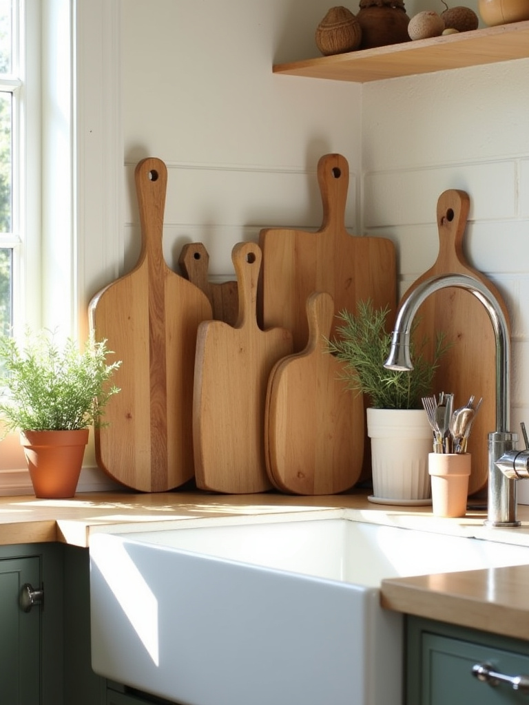 Rustic kitchen decor featuring a collection of wooden cutting boards displayed on the countertop and backsplash.