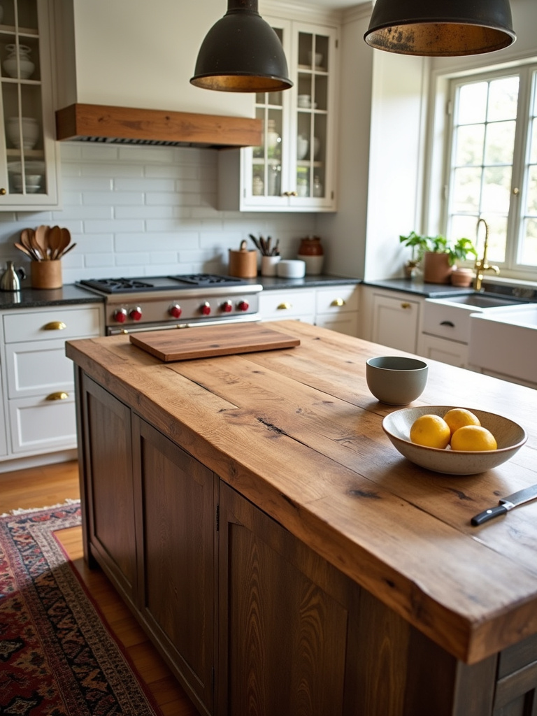 Rustic butcher block island adding warmth to a modern farmhouse kitchen.