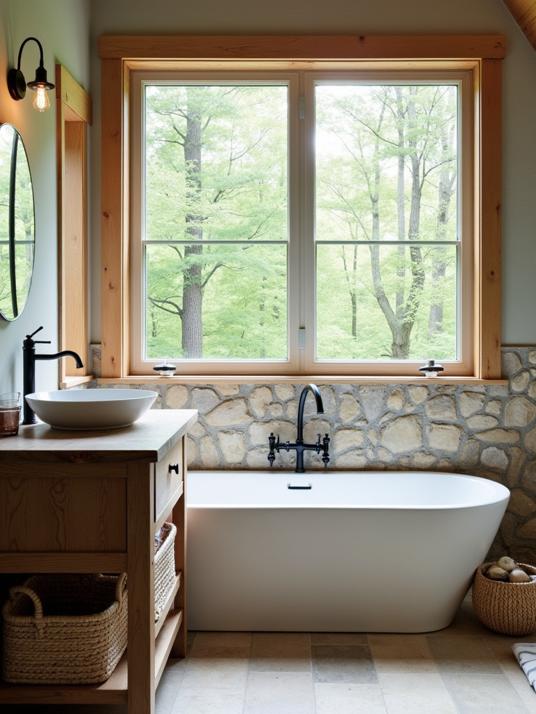 Rustic bathroom design with reclaimed wood vanity and stone accent wall