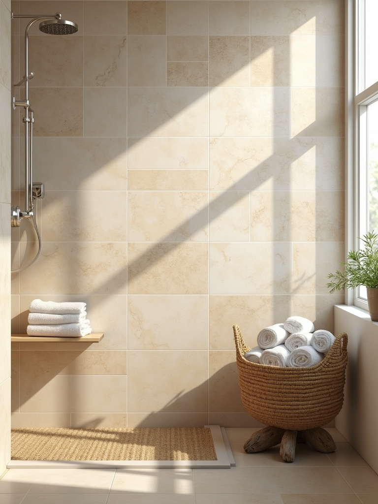 Sandy beige and cream tiles creating a warm and inviting coastal bathroom retreat.