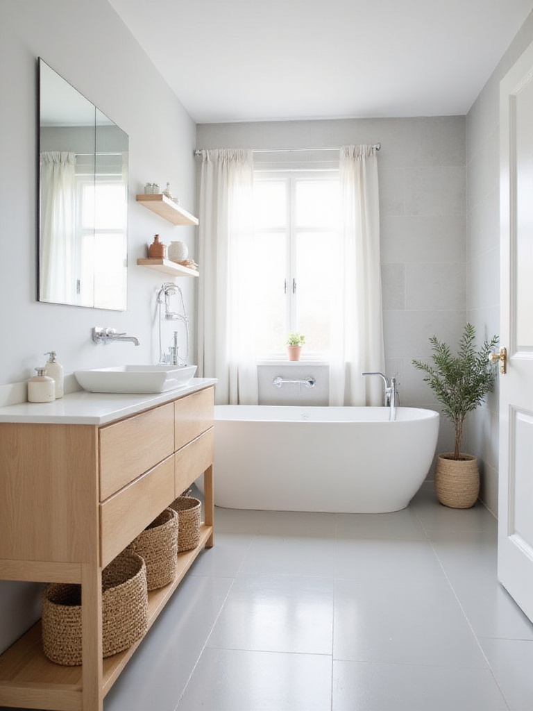 Modern Scandinavian bathroom with light wood vanity, freestanding bathtub, and minimalist design.