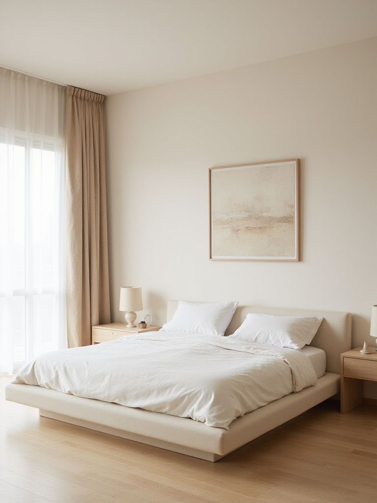 Minimalist beige bedroom with low platform bed and natural light.