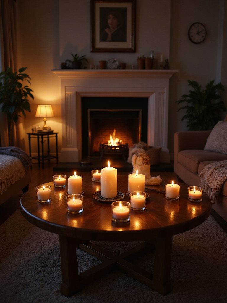 Cozy living room at dusk with scattered scented candles creating a warm and inviting atmosphere.