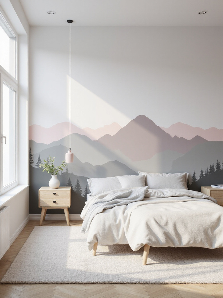 Modern bedroom with a scenic mountain mural on the wall