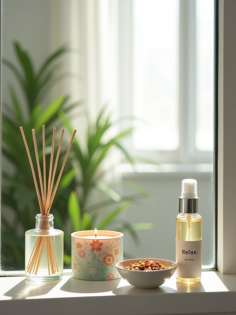 Bathroom with relaxing fragrances: reed diffuser, scented candle, potpourri, and aromatherapy spray.