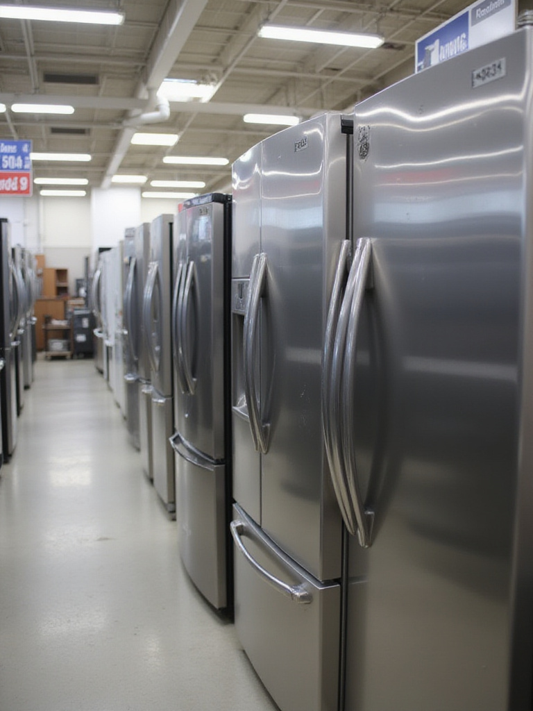 Appliance outlet store featuring a dented stainless steel refrigerator on sale.