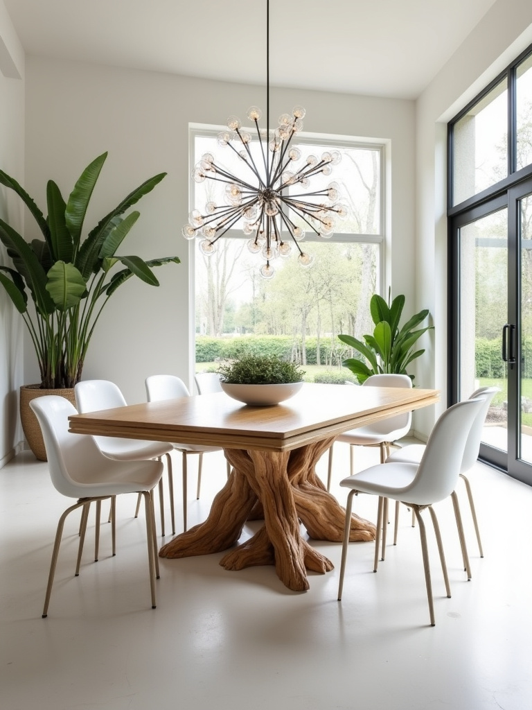 Modern dining room with sculptural tree root dining table