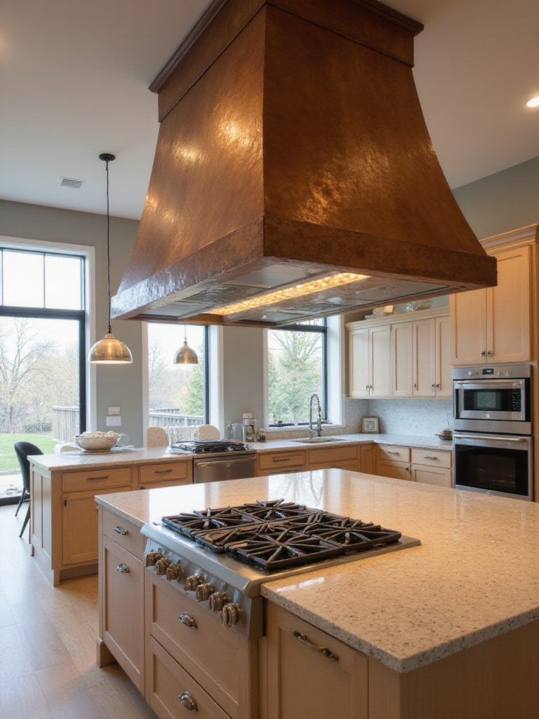 Modern kitchen with custom hammered copper range hood over gas cooktop.