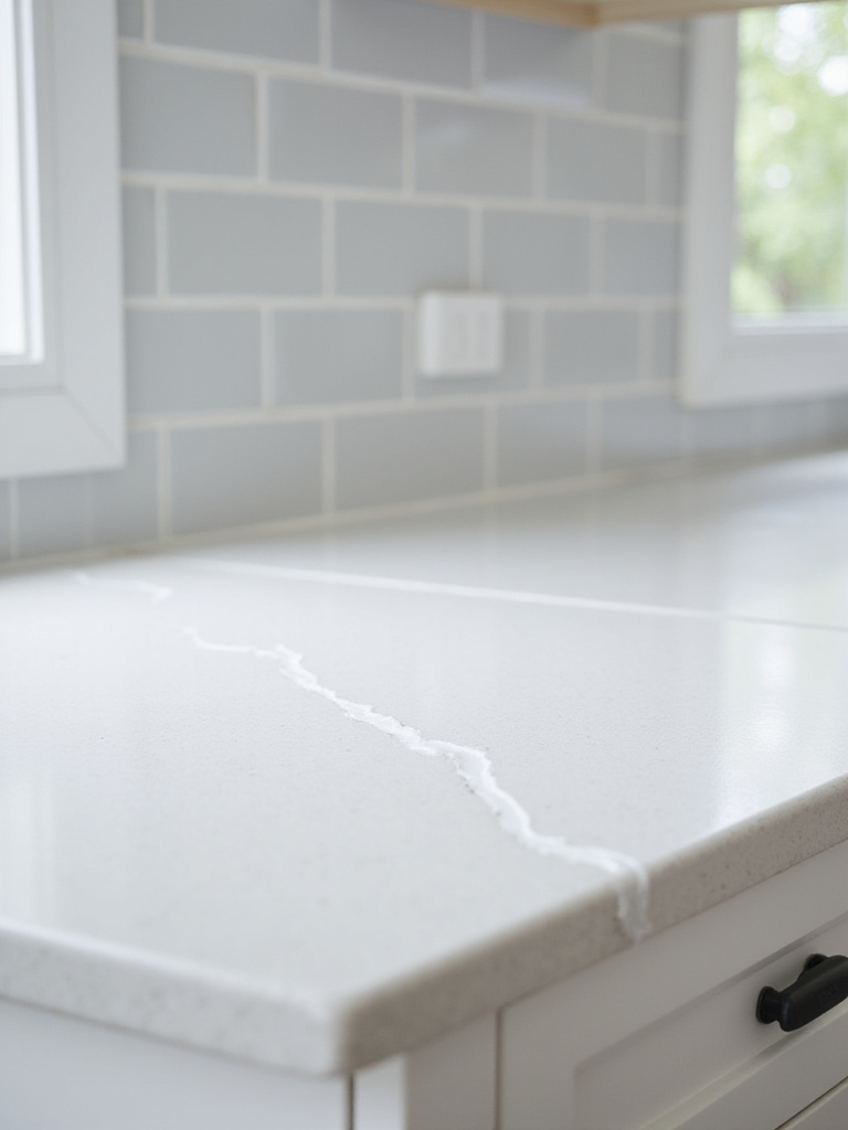 Freshly applied white caulk sealing the seam between a quartz countertop and light grey subway tile backsplash in a modern kitchen.