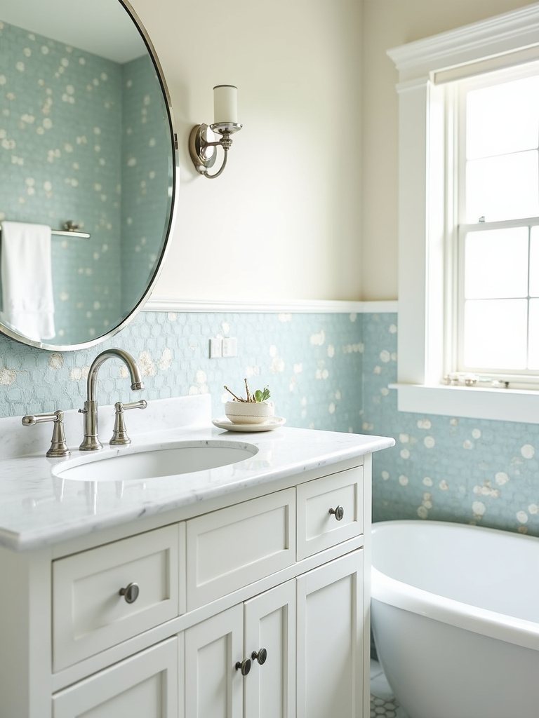 Seashell-inspired patterned tiles on a bathroom backsplash creating a subtle coastal theme.