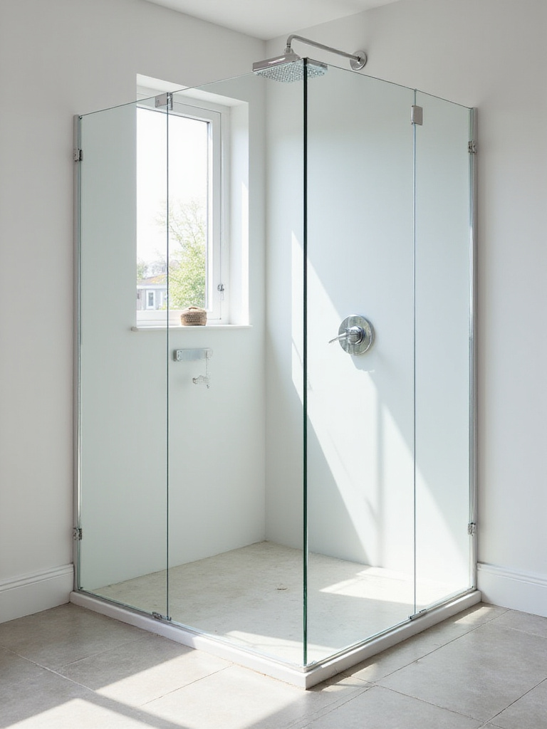 Small bathroom design with frameless glass shower enclosure creating visual space.