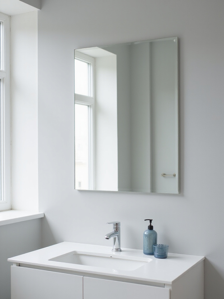 Modern bathroom with frameless full-length mirror reflecting vanity and natural light.