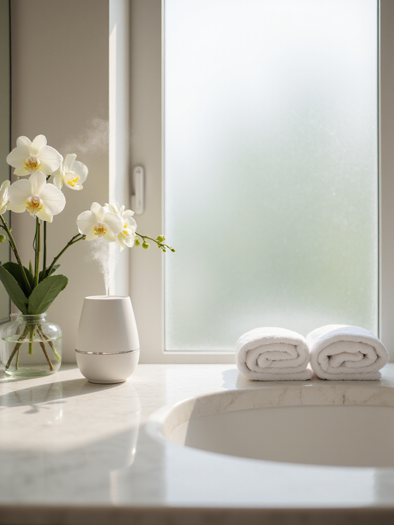 Modern bathroom with aromatherapy diffuser on marble countertop