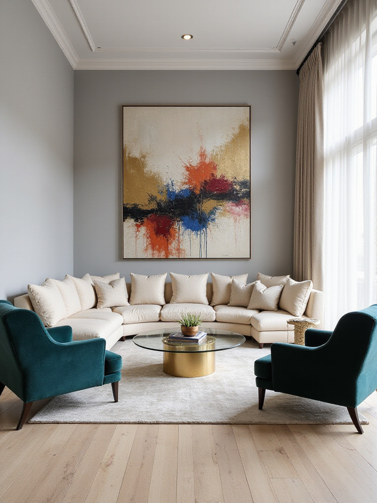 Luxurious living room with a neutral gray and beige color palette accented by teal velvet chairs and a vibrant abstract painting.
