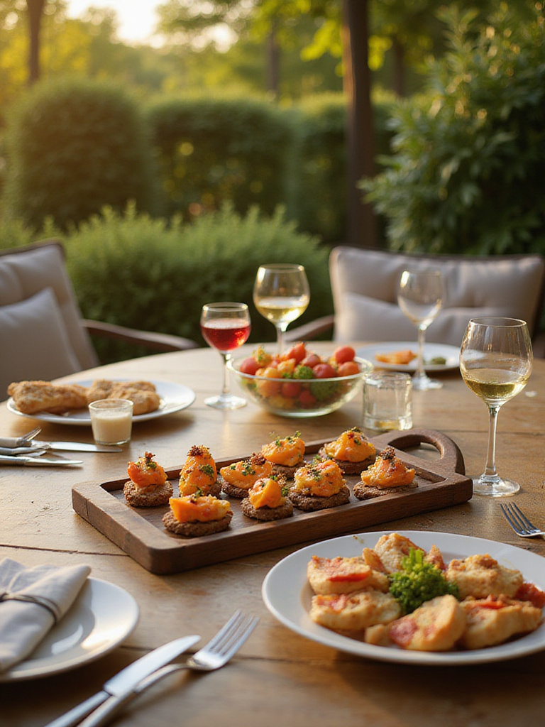 Elegant wooden serving tray holding appetizers on a beautifully set patio dining table.