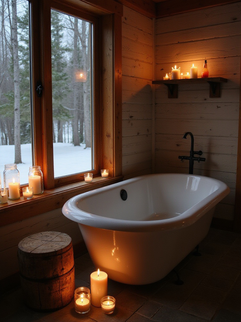 Rustic bathroom with shiplap walls and scented candles creating a relaxing atmosphere.