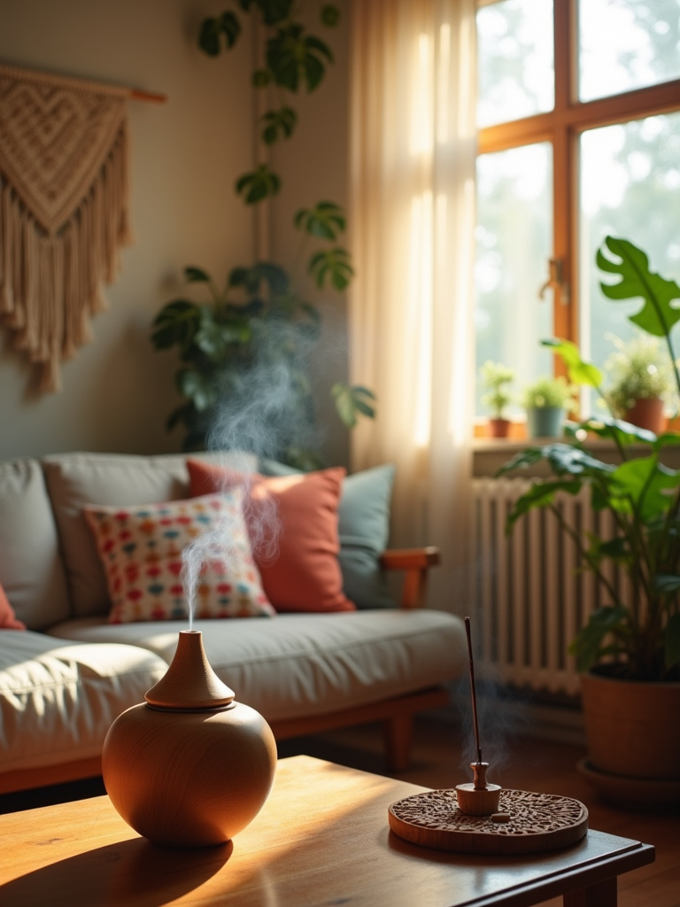 Boho living room with essential oil diffuser and incense creating a relaxing atmosphere