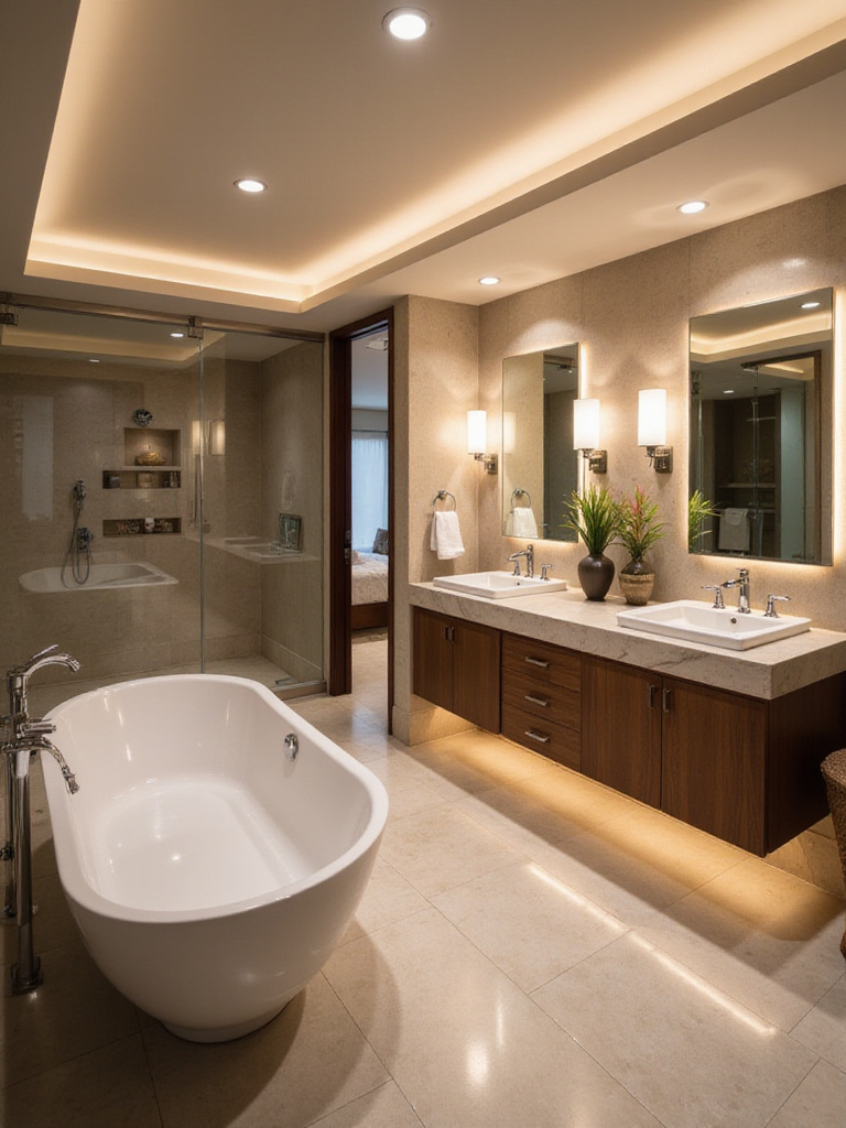 Luxurious bathroom with dimmable and layered lighting creating a relaxing spa-like atmosphere
