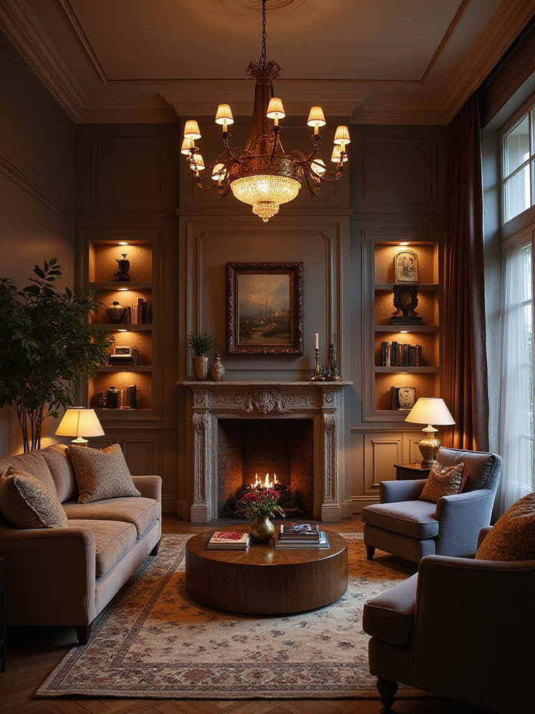 Luxurious living room with layered lighting creating a warm and inviting ambiance.