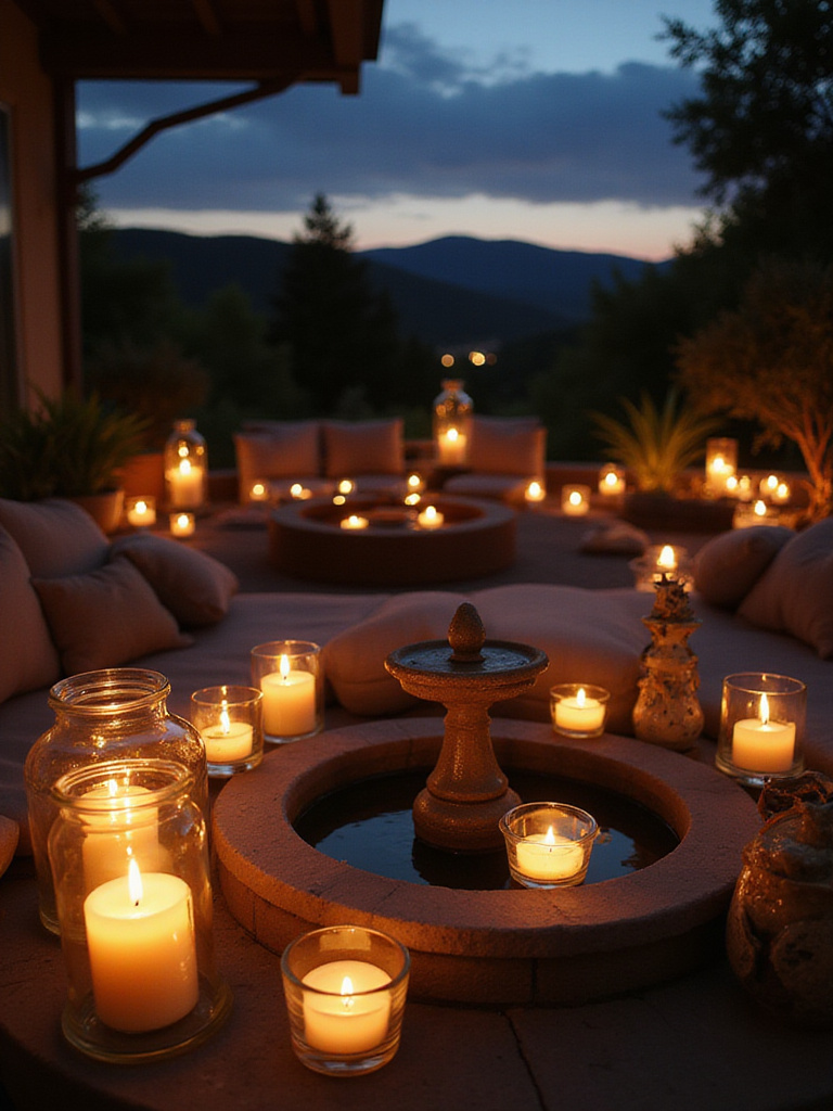Romantic patio at dusk illuminated by candlelight.