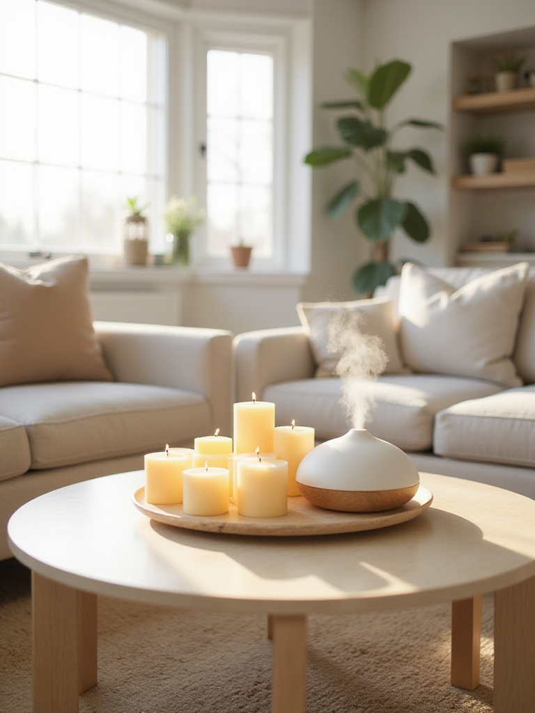 Living room decor featuring candles and a scented diffuser for a relaxing ambiance.