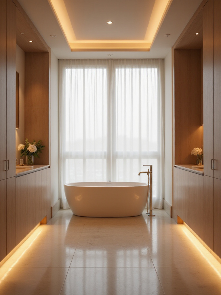 Luxurious bathroom with soft, dimmable lighting creating a relaxing atmosphere.