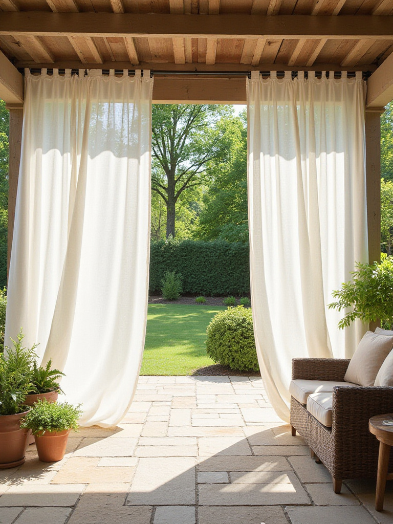 Serene patio with white outdoor curtains providing shade and privacy.