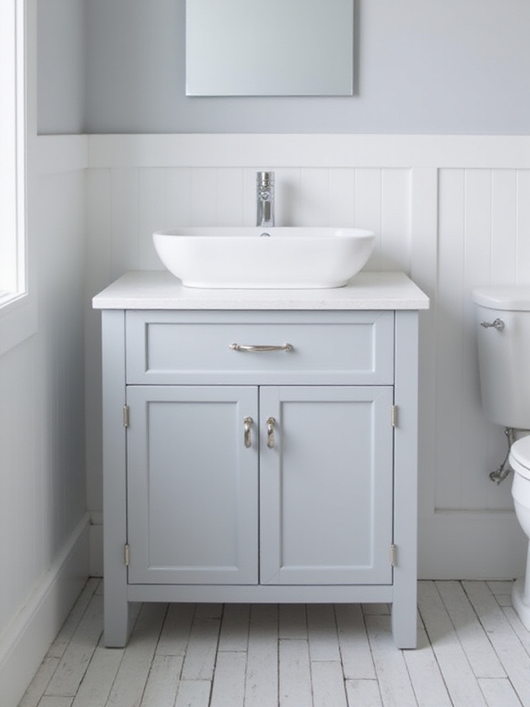 Light gray Shaker style bathroom vanity with white quartz countertop.