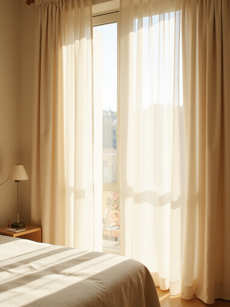 Sheer beige curtains gently filtering sunlight in a beige bedroom.