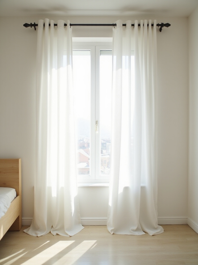 Small bedroom with white sheer curtains allowing natural light in.
