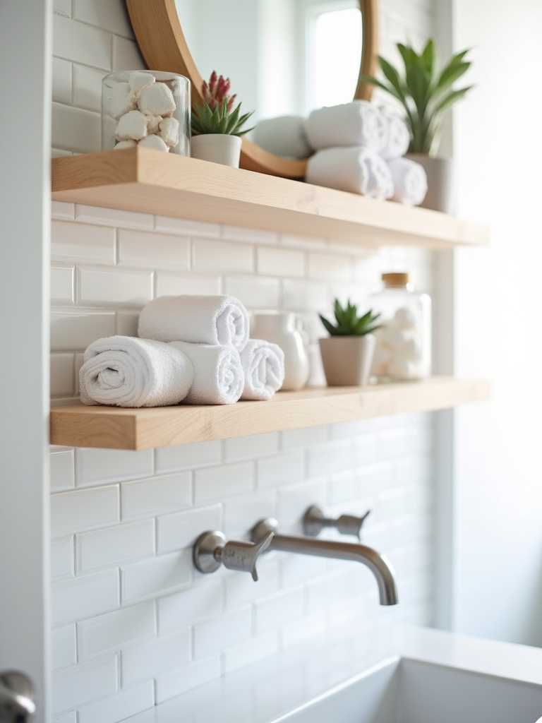 Floating bathroom shelf with towels, succulent, and cotton balls