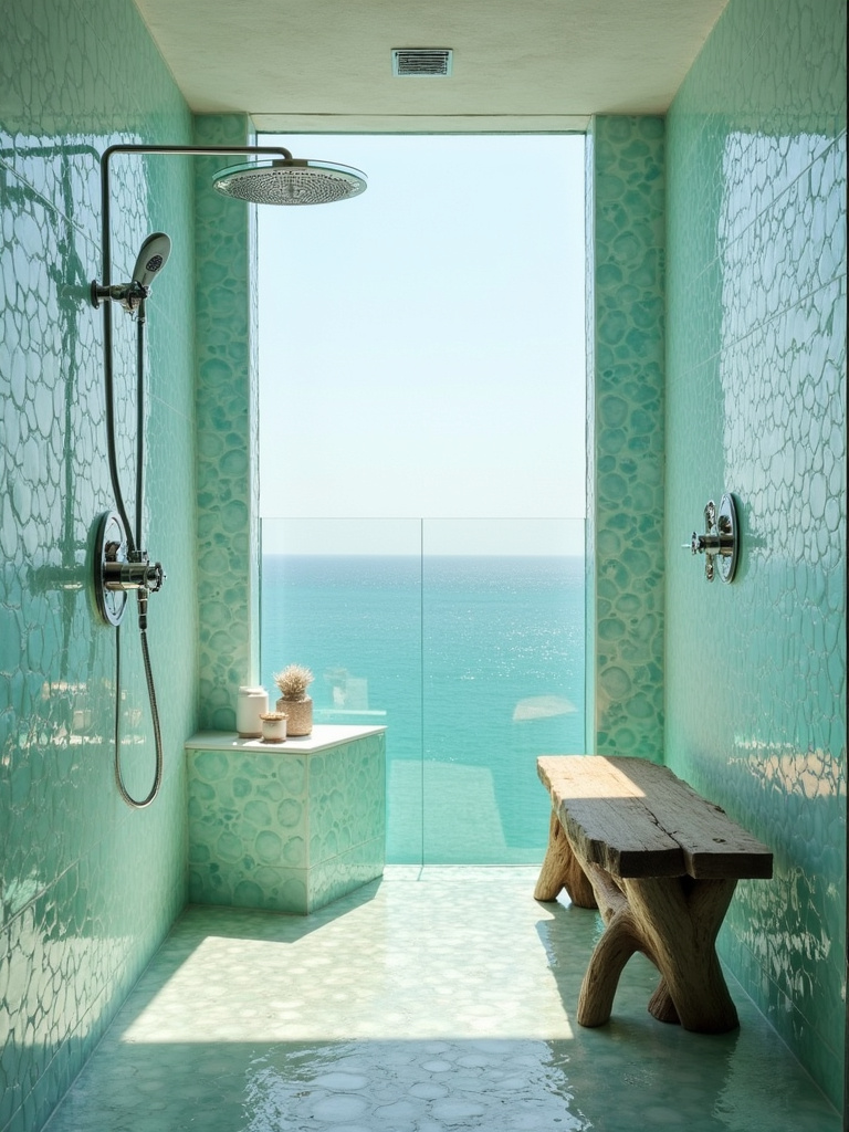 Shimmering iridescent glass tiles in a coastal bathroom shower, reflecting light and creating a watery effect