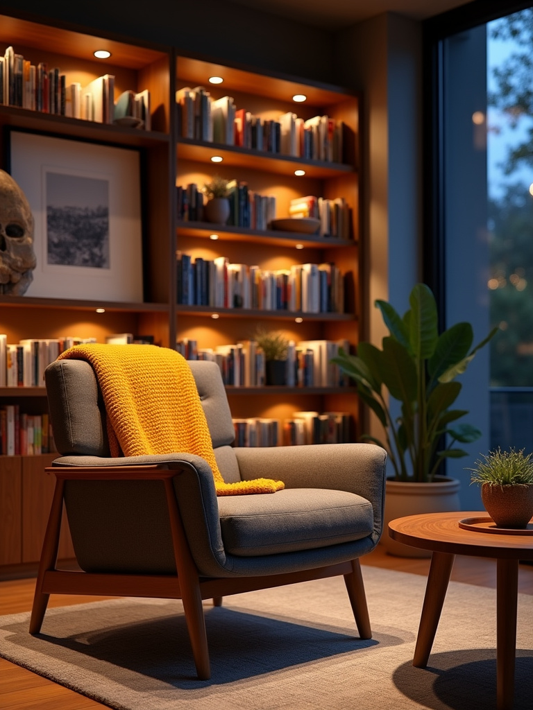 Modern living room showcasing functional downlighting illuminating a reading chair and coffee table, creating a cozy and well-lit space.