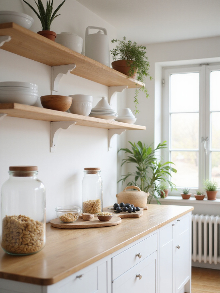 Scandinavian kitchen with open shelves displaying dishes and greenery