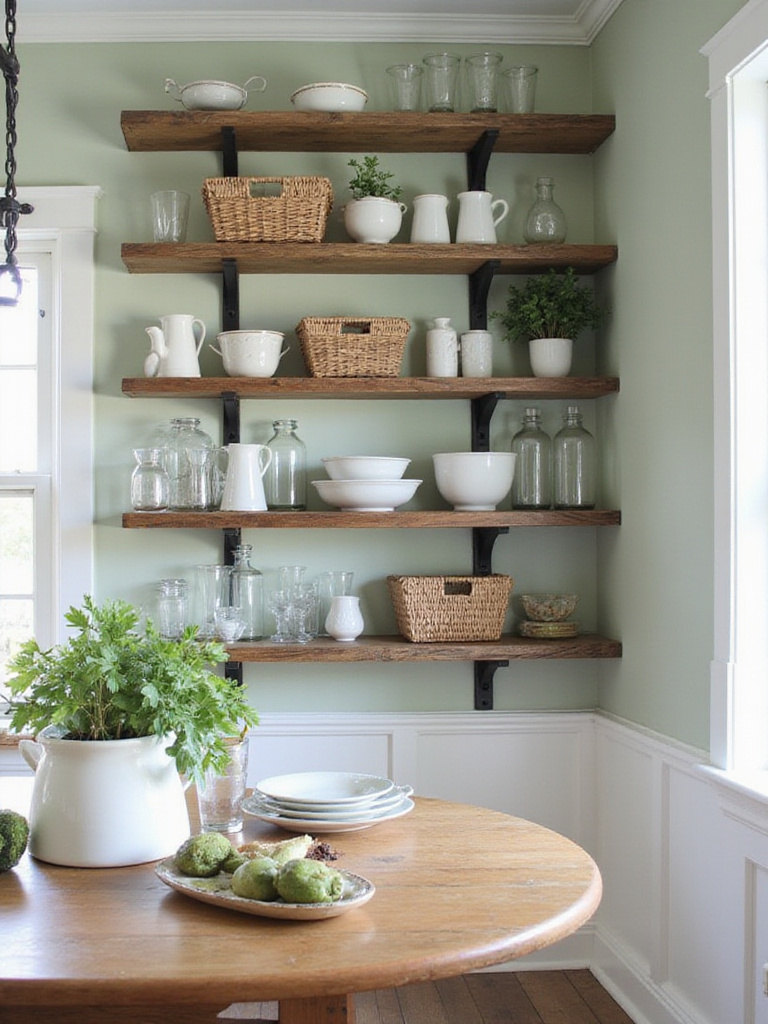 Farmhouse dining room with open shelving displaying dishes and decor