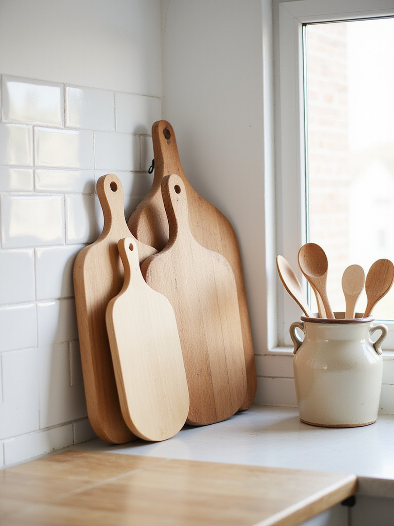 Scandinavian kitchen with wooden cutting boards and utensils