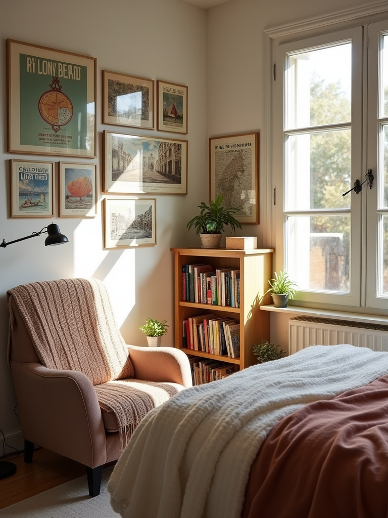 Apartment bedroom decorated with travel posters and a bookshelf, showcasing personal interests.