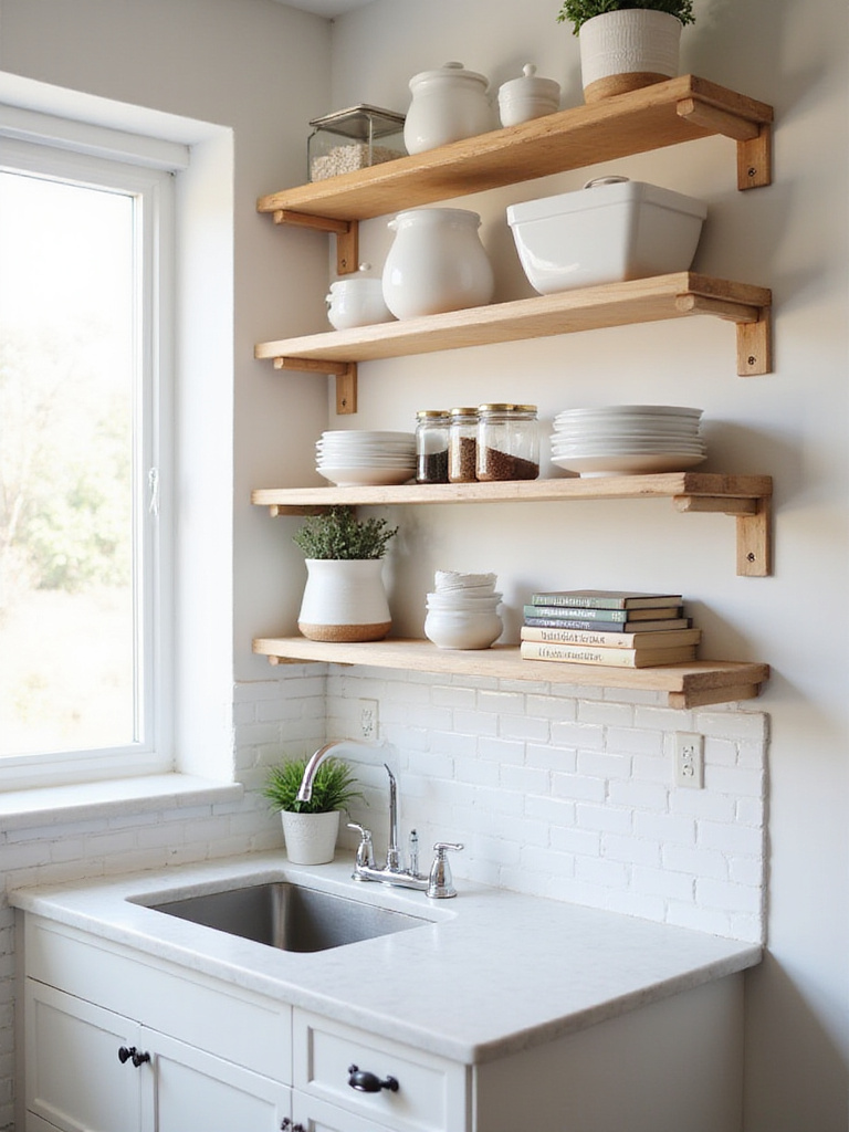 Stylish open kitchen shelving displaying curated kitchenware and decor.
