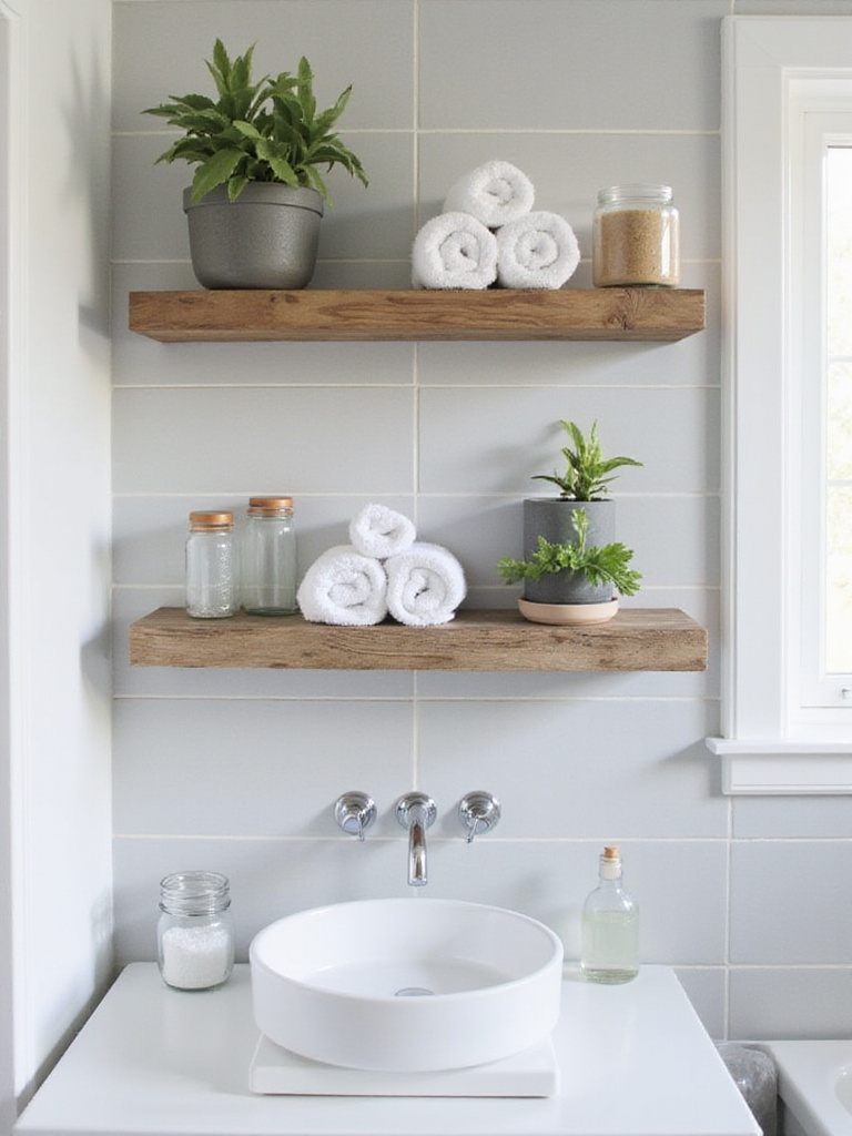 Modern bathroom with open shelving displaying towels, plants, and decorative items.