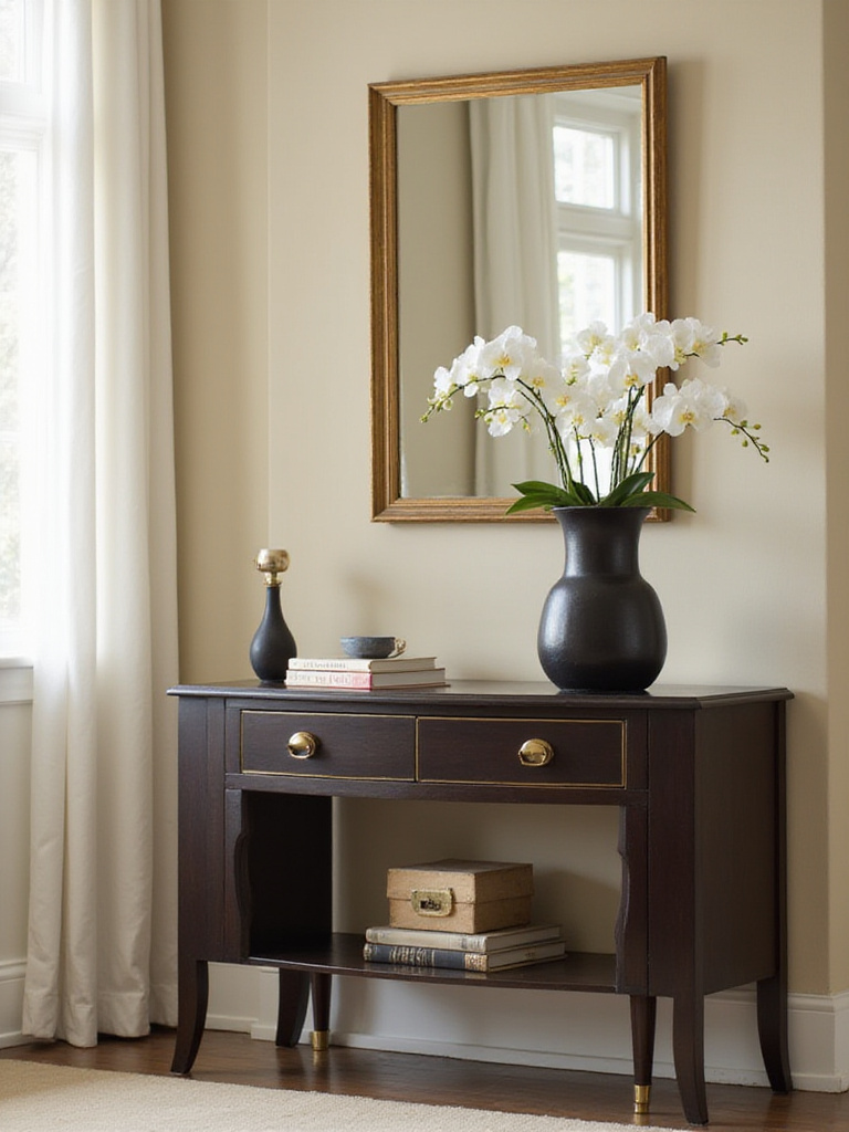Elegant console table with curated decor in a luxury living room