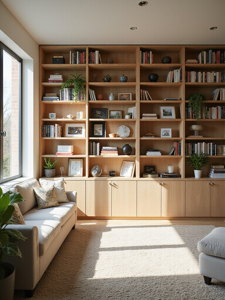 Modern living room with a stylish built-in bookshelf unit showcasing books and decorative items.