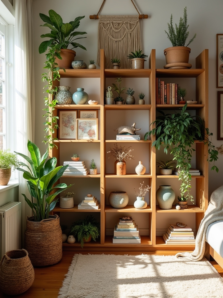 Boho living room open shelves styled with plants, vintage books, and travel souvenirs