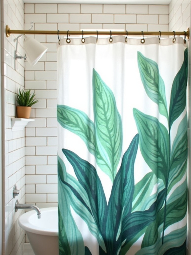 Botanical print shower curtain adds style to a modern bathroom