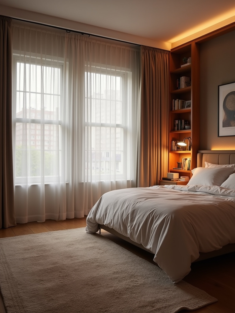 Soundproof apartment bedroom with thick curtains, rug, and bookcase for noise reduction.