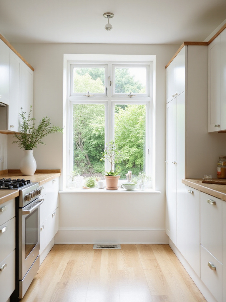 Minimalist kitchen design with white cabinets, light wood countertops, and ample natural light