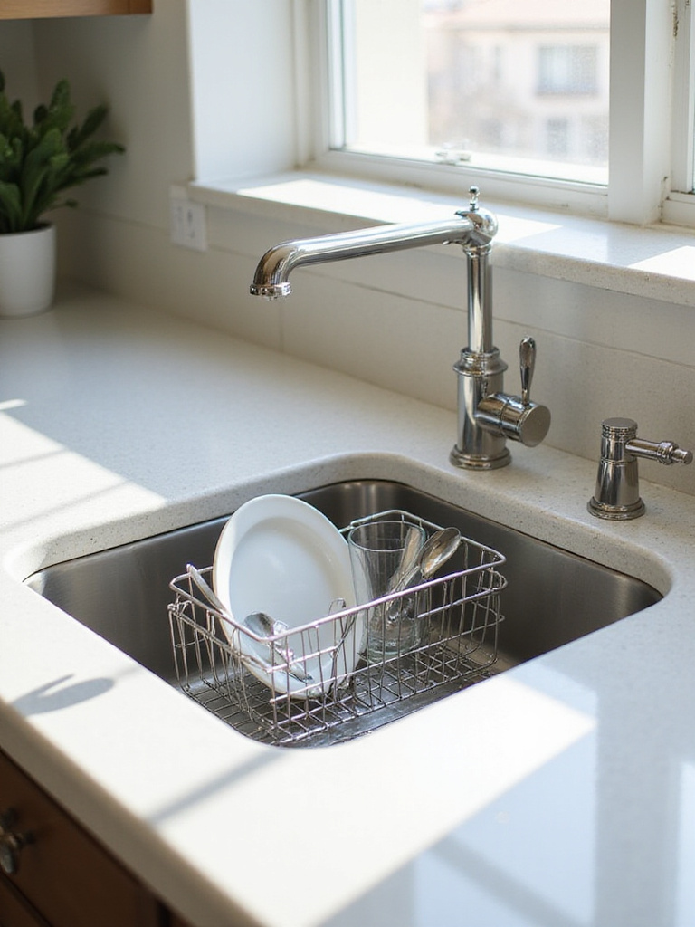 Stainless steel sink-in drying rack holding dishes in a kitchen sink.