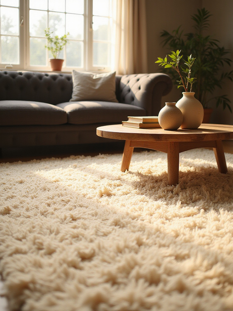Soft cream-colored shaggy area rug in a cozy living room.