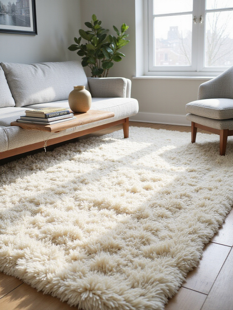 Ivory shag rug in a modern living room with a gray sofa.